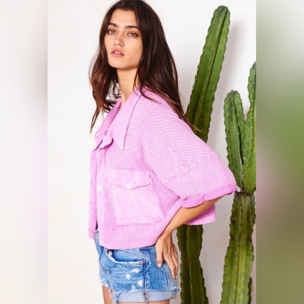 Women's Cropped Lilac Waffle Knit Jacket